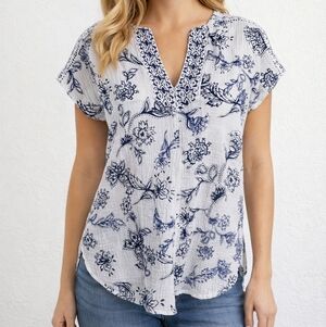 Liverpool Los Angeles Cotton Breathable Natural Fabric Blouse Blue White SZ: XS